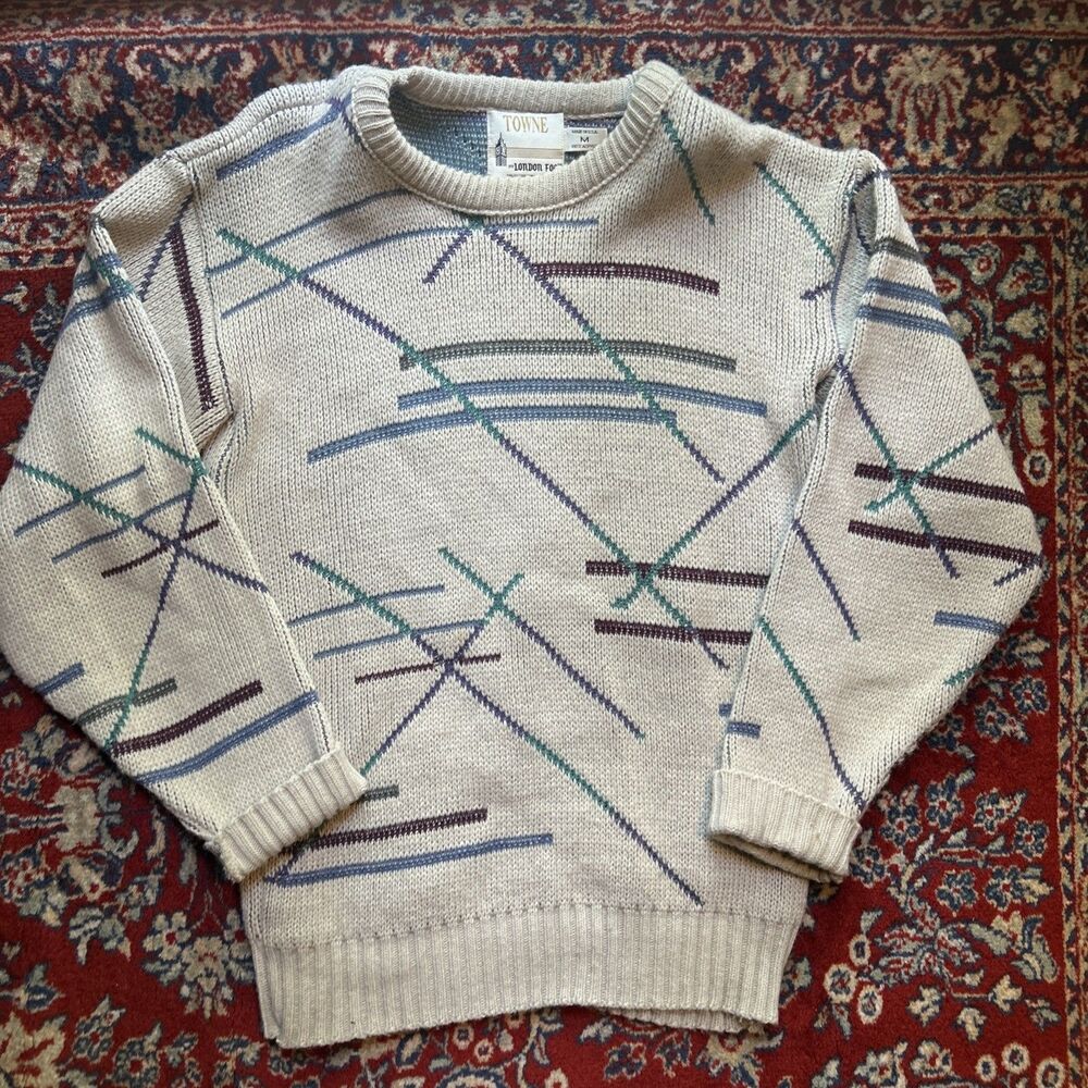 Vintage Towne By London Fog Sweater Mens M White Abstract Knit Geometric 80s